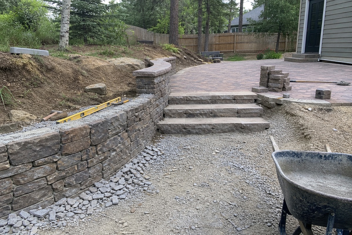 Hardscaping contractor building an outdoor stone feature