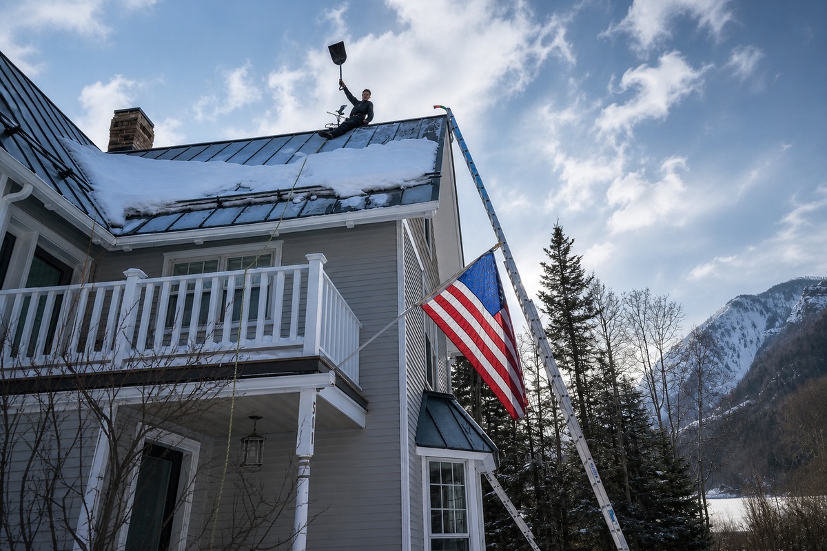 Snow removal contractor clearing a residential roof in winter
