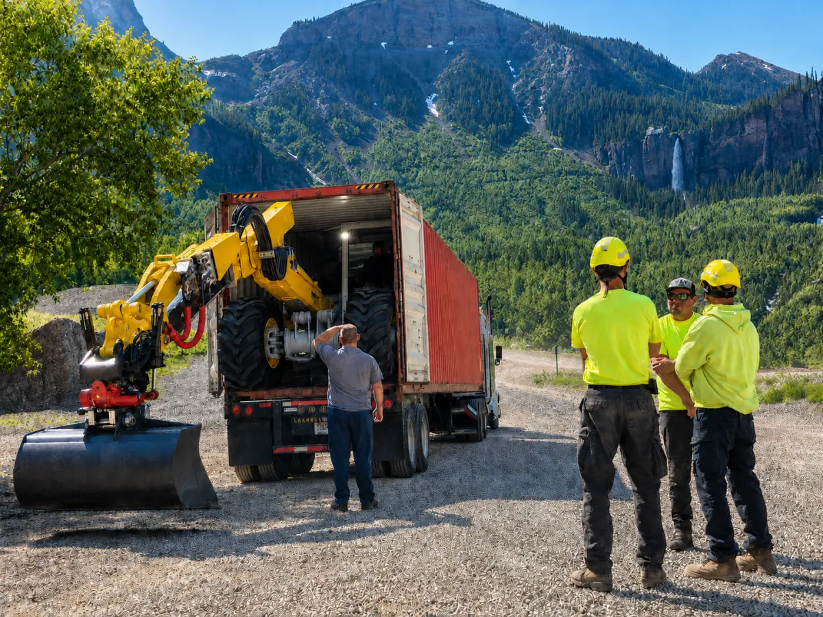 Contractor crew unloading heavy equipment at a job site