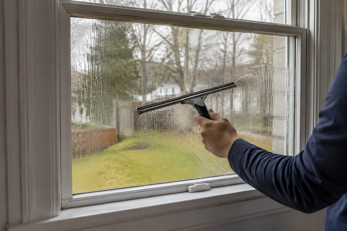 Professional cleaner using a squeegee on a residential window
