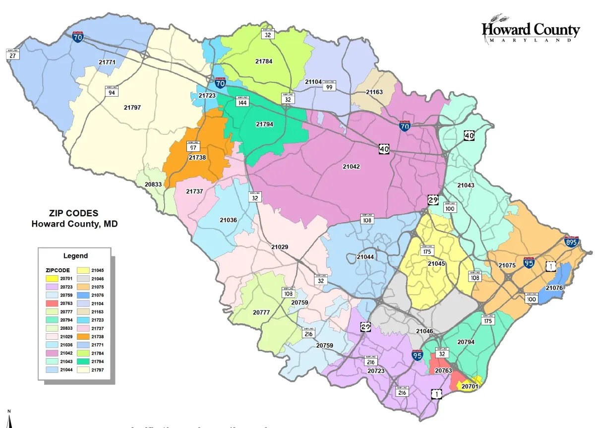 Howard County Maryland service area map showing trash can cleaning coverage by zip code