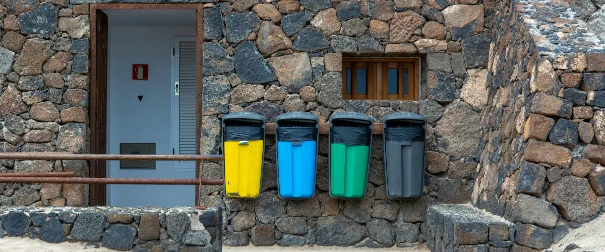 Four colorful recycling bins, yellow, blue, green, and gray, hanging on a textured stone wall next to an open doorway.