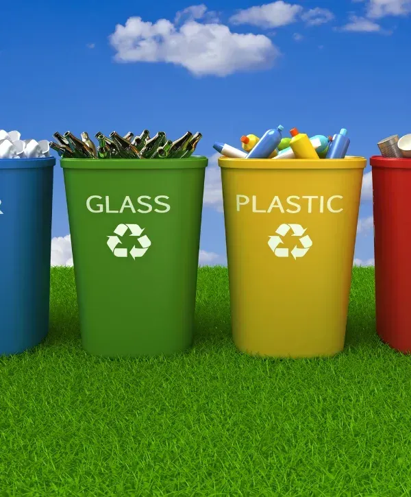 Four colorful recycling bins, full of glass, plastic, and other recyclables, stand on vibrant green grass beneath a blue sky.