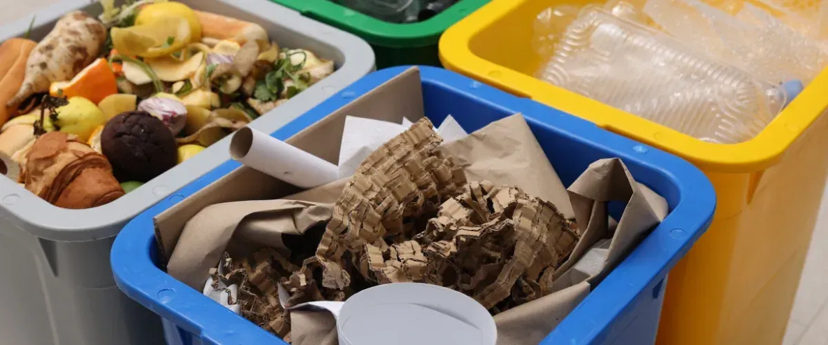 Close-up of four colorful recycling bins (grey, green, blue, yellow) filled with organic, paper, and plastic waste.