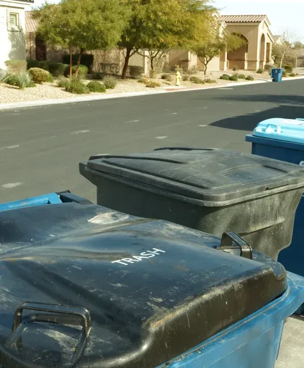 Several blue and black trash receptacles line a residential desert street with homes and trees in the background.
