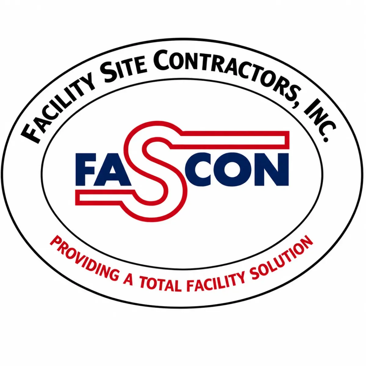 Oval logo for FASCON, Facility Site Contractors, Inc., featuring blue text with a red stylized 'S' and tagline 'Providing a Total Facility Solution'.