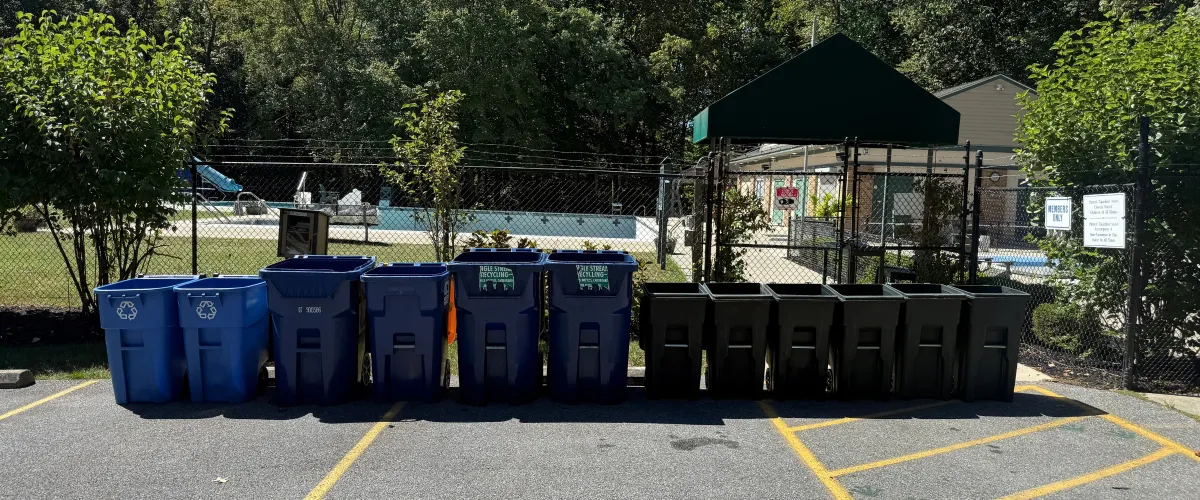 A row of blue recycling bins and black trash cans in a parking lot next to a swimming pool area.
