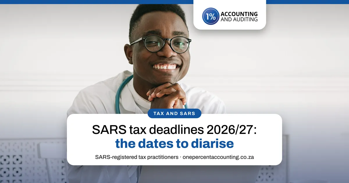 Smiling doctor at his desk with a laptop in his practice, SARS tax deadlines from One Percent Accounting