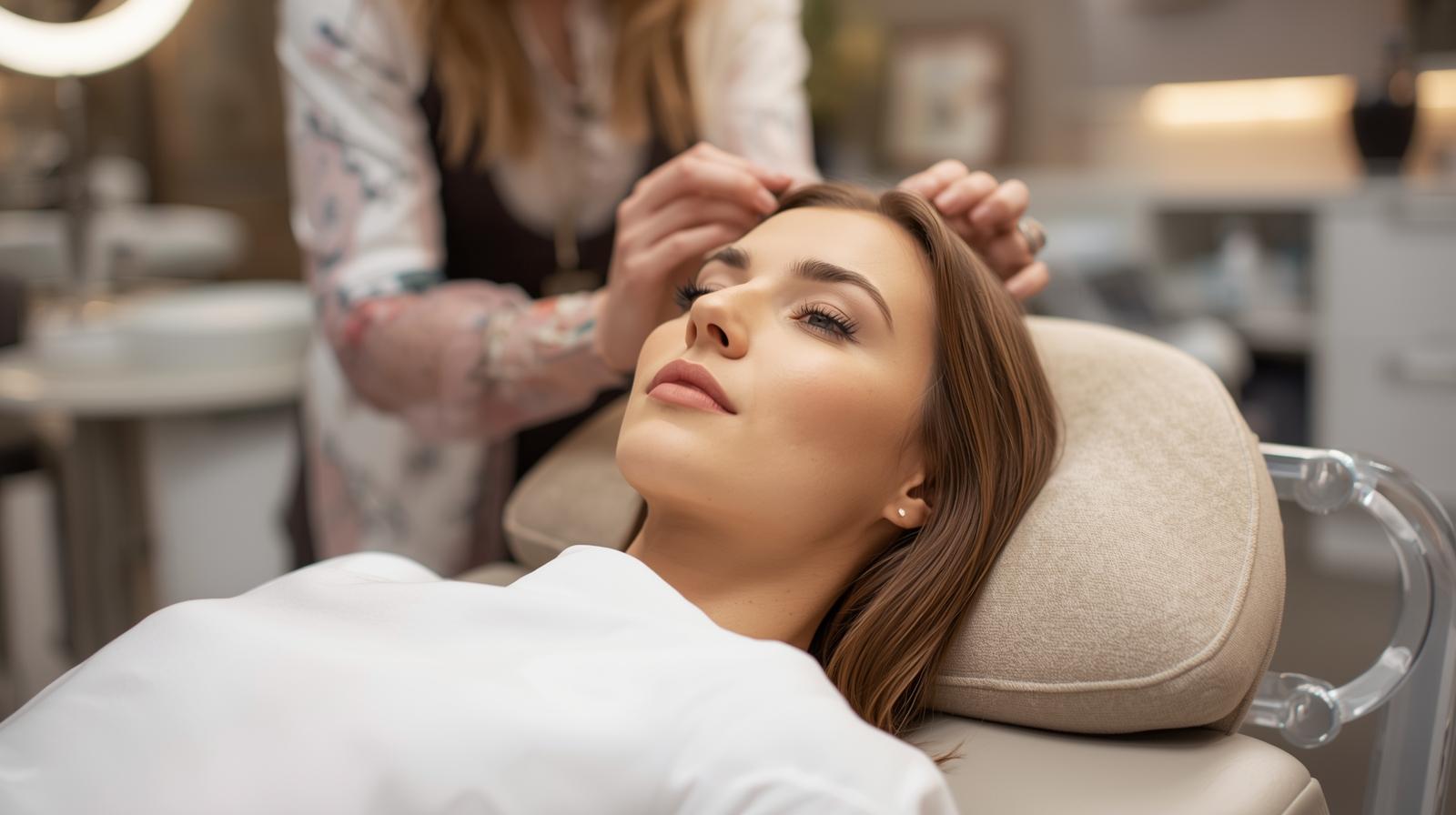 Alumna recibiendo pago de una clienta en un estudio de belleza tras una sesión de extensiones de pestañas.
