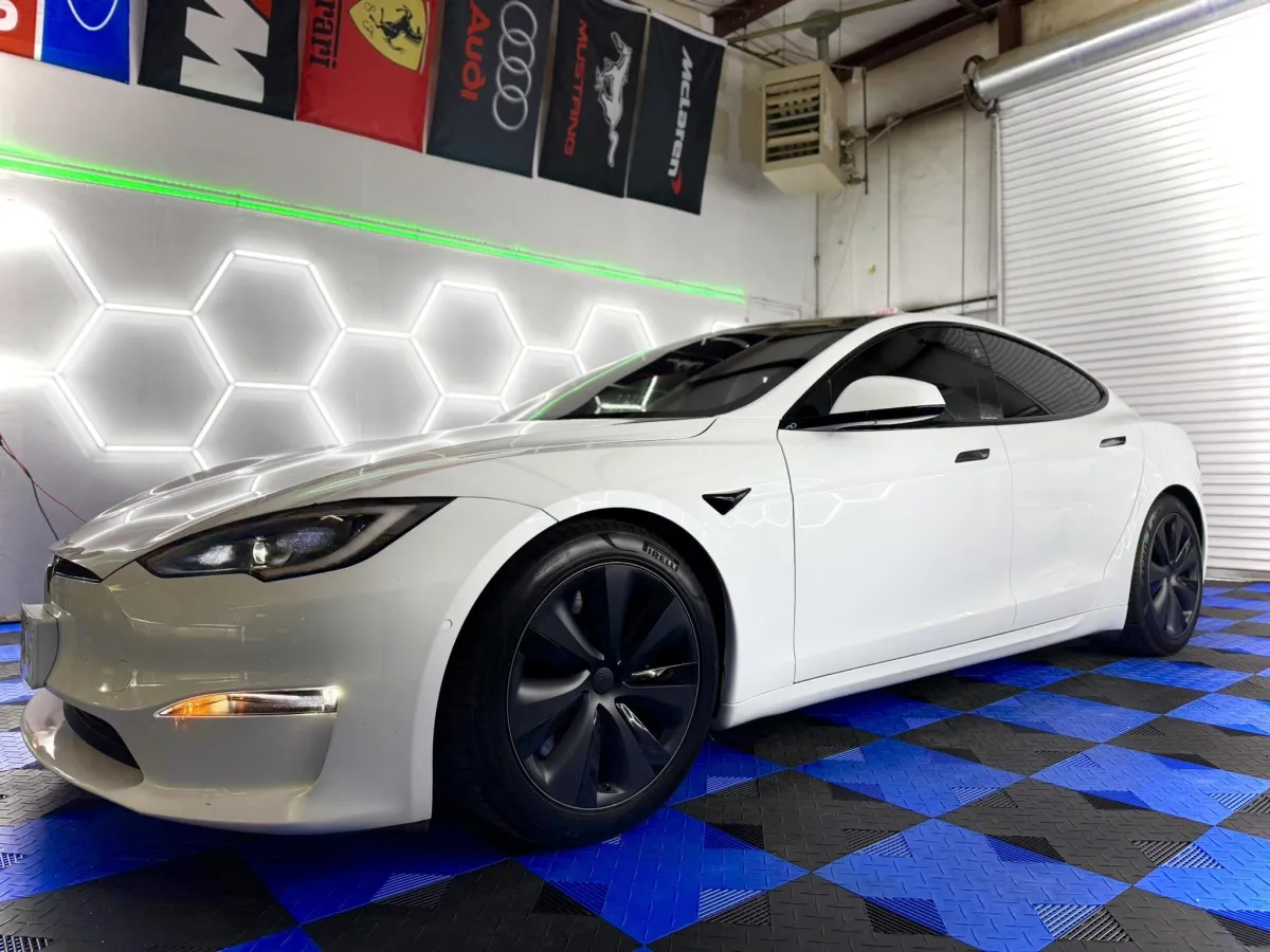 White Tesla Model S with window tint at Venom Tint Acworth
