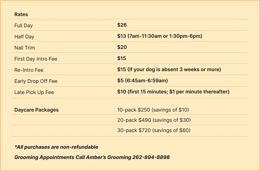 daycare price sheet