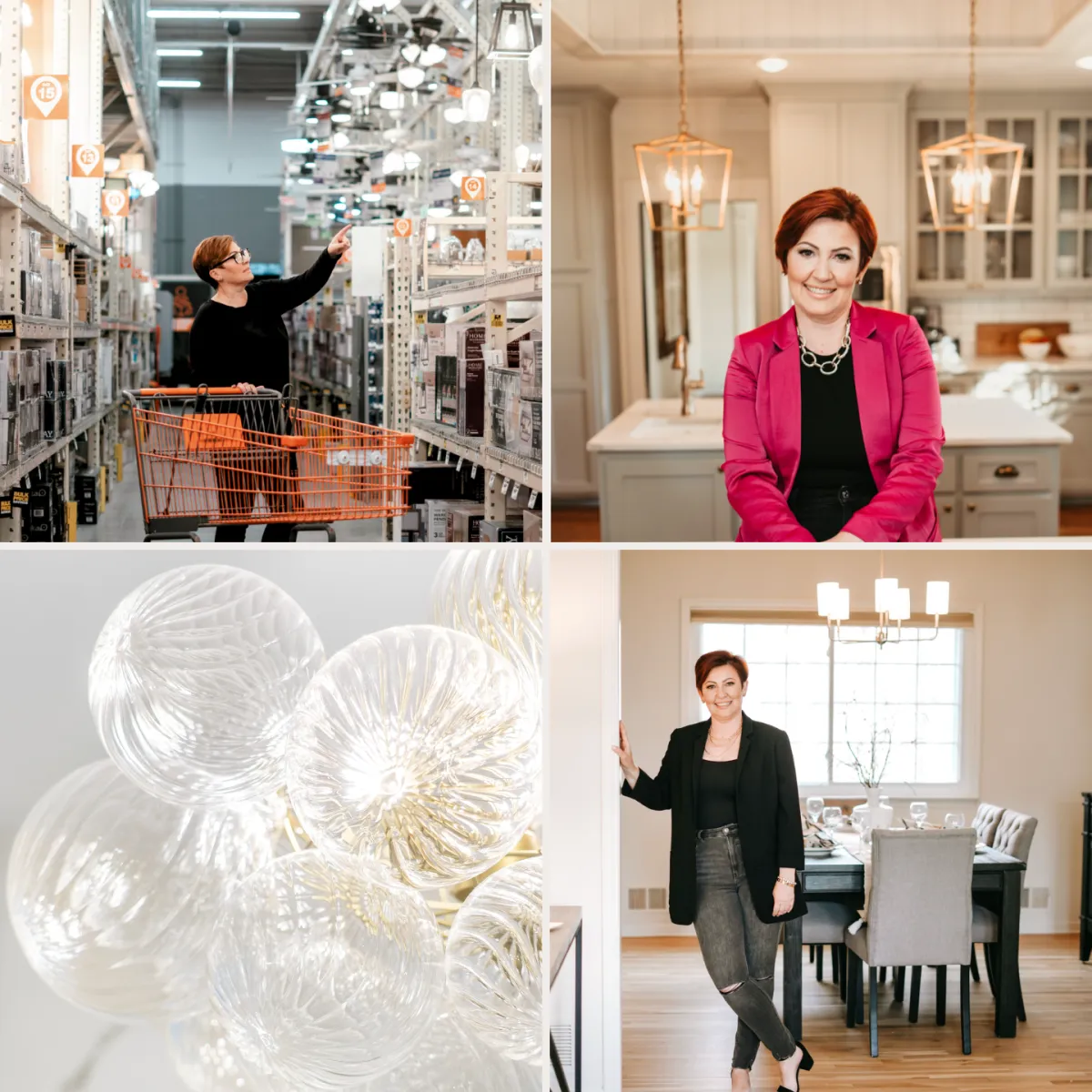 A collage of four images showcasing shopping, home decor, and lighting elements.