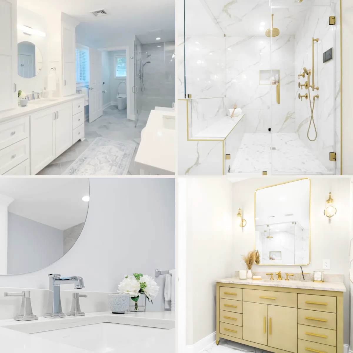 A collage of four images sohwcasing modern bathrooms 