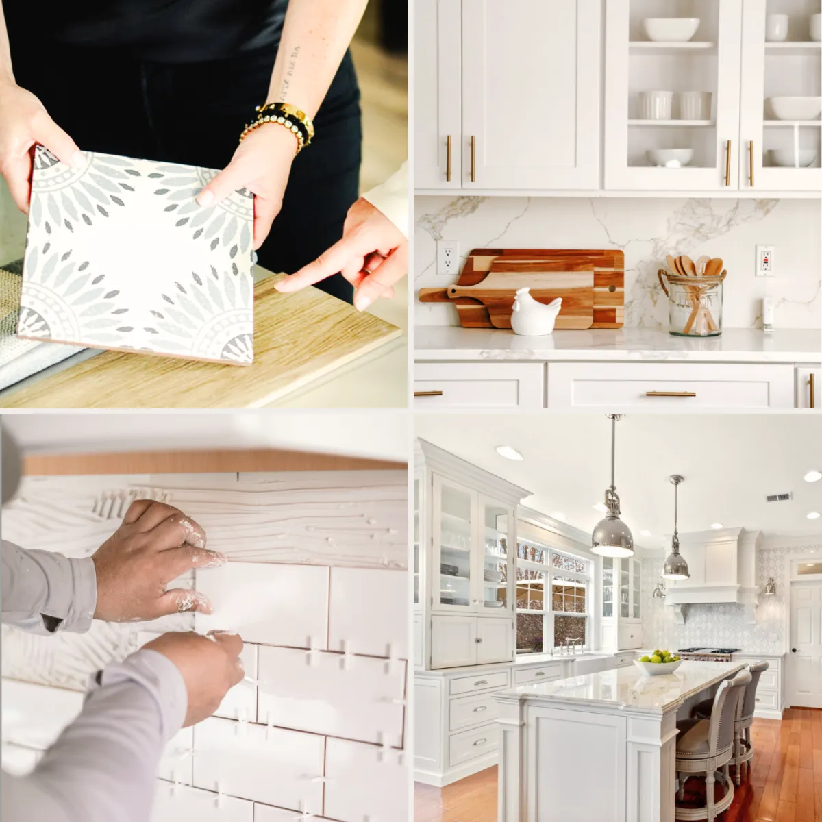 A collage of four images showcasing kitchen interior. 