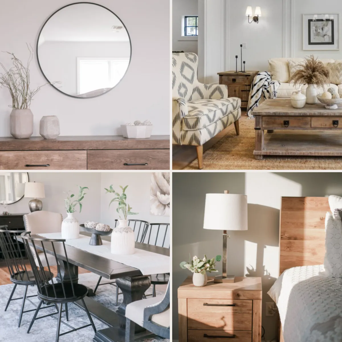 A collage of four images showcasing stylish living spaces featuring modern decor