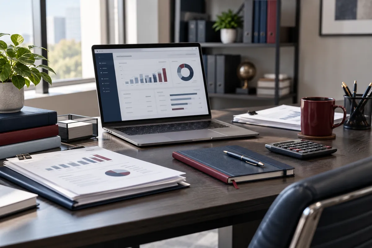Professional tax office workspace with laptop, calculator and training materials
