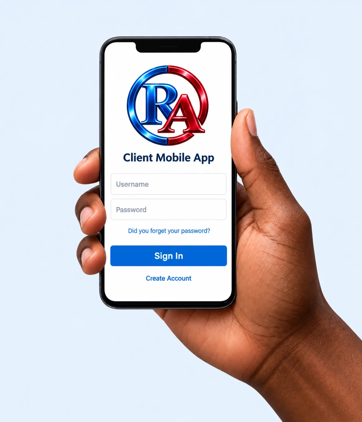 African American hand holding the R&A Pro-Tax Client Mobile App with the shiny RA logo
