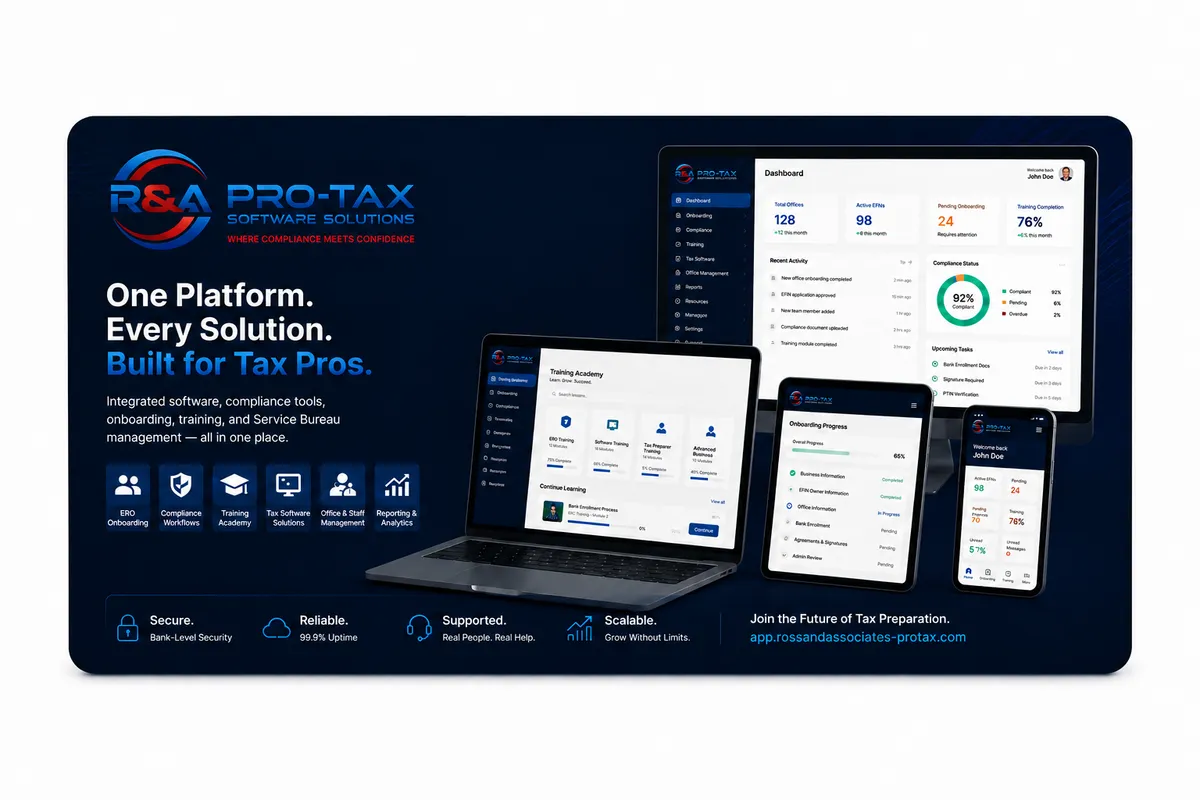 R&A Pro-Tax Software Solutions platform illustration showing desktop, laptop, tablet, and mobile tools