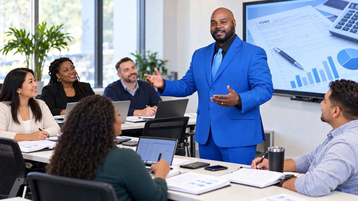 Professional tax office workspace with laptop, calculator and training materials