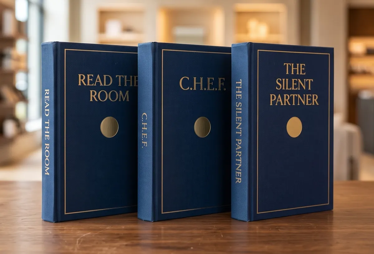 Three navy hardcover books titled Read the Room, C.H.E.F. and The Silent Partner, from the Reading Body Language for Ethical Sales series