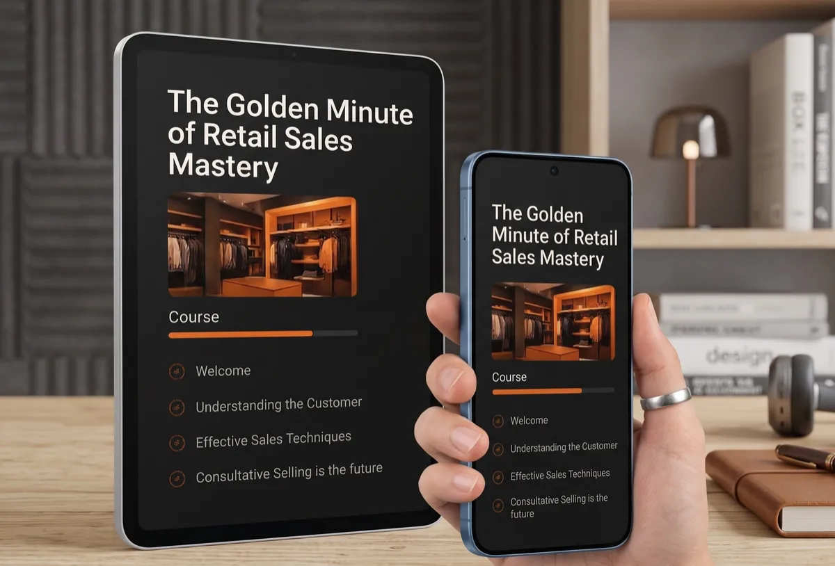 The Golden Minute of Retail Sales Mastery course shown on a tablet and a phone