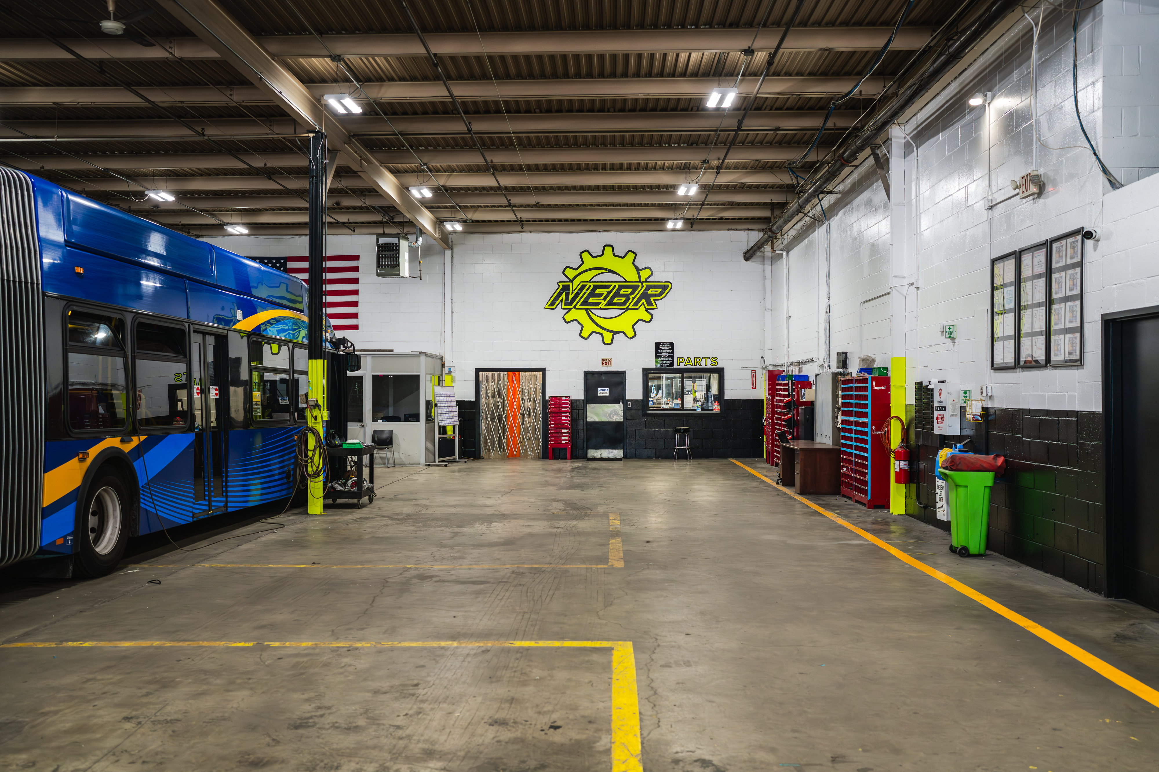 Transit bus inside NEBR maintenance facility and overhaul shop