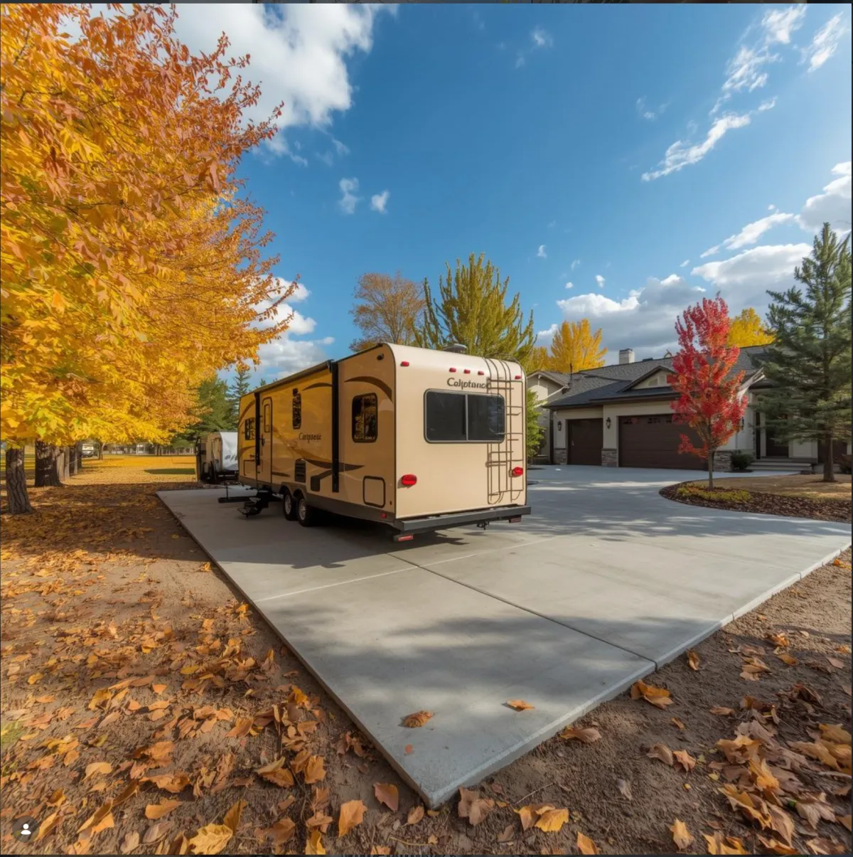 A RV parked on a beautiful concrete RV Pad