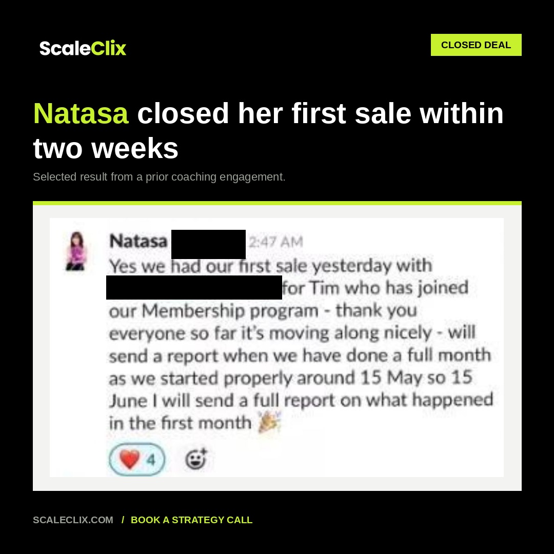 Screenshot of a message from a prior coaching engagement, referencing Natasa's first sale