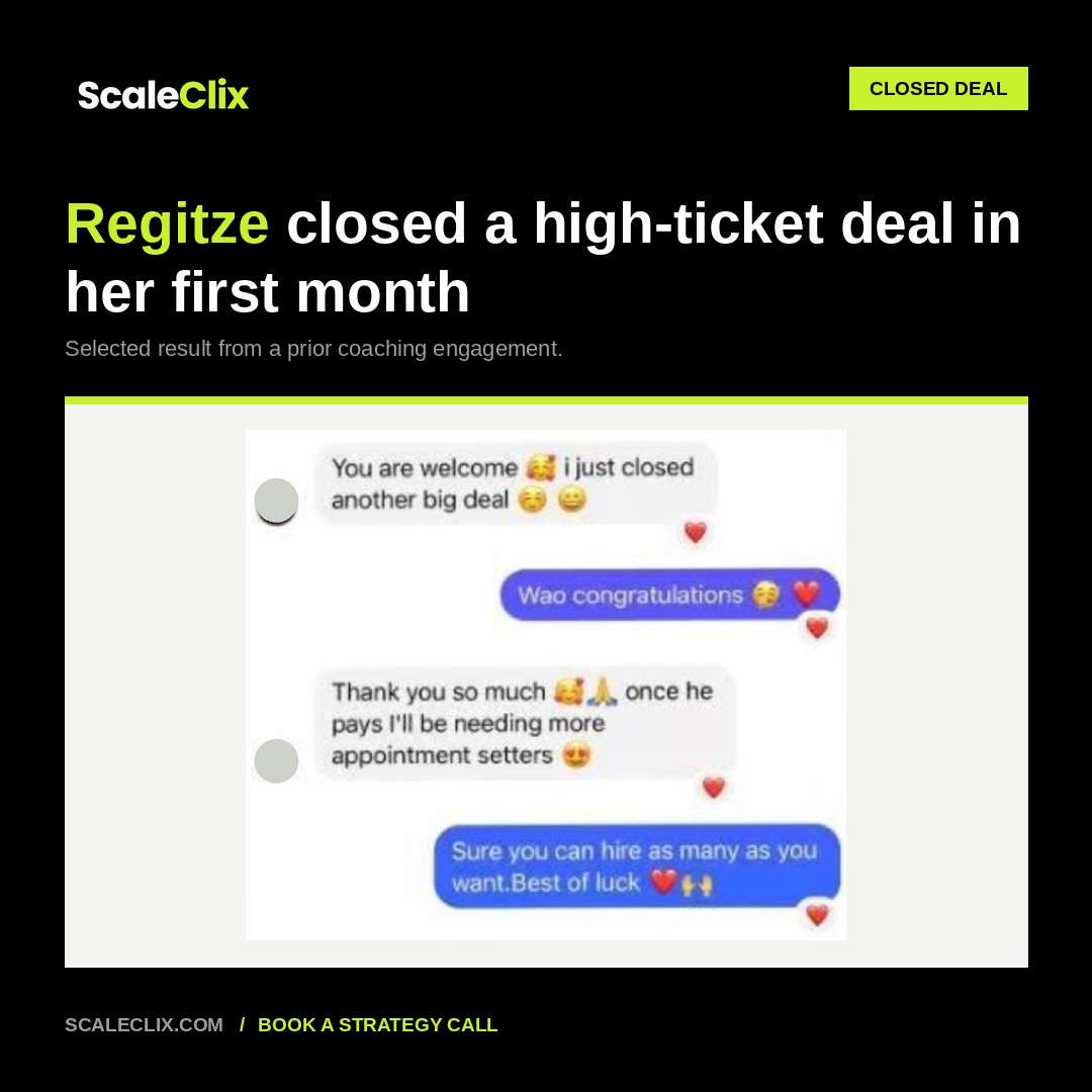 Screenshot of a message from a prior coaching engagement, referencing Regitze's closed deal