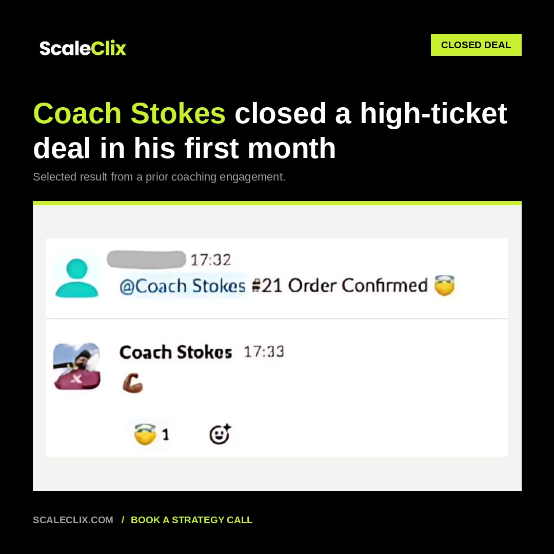 Screenshot of a message from a prior coaching engagement, referencing Coach Stokes' closed deal
