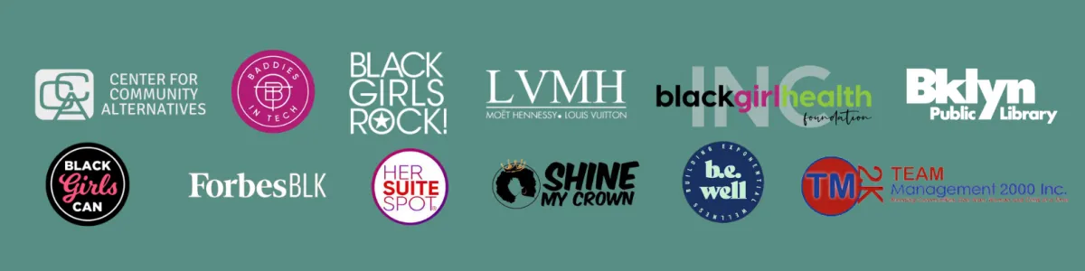 Banner with companies Hervival worked with including: CCA Center For Community Alternatives, Baddies In Tech, LVMH, Louis Vuitton Moet Hennessy, Black Girls Rock, Black Girl Health Foundation, Forbes, ForbesBLK, Shine My Crown, Black Girls Can Inc, HerSuiteSpot, Be Well, Team Management 2000 Inc