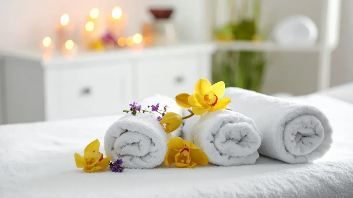 Wellness and relaxation image showing spa towels with orchids, flowers, and soothing candlelight