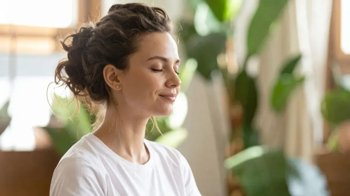 A serene close-up profile of a woman with closed eyes and a gentle smile, in a modern, plant-filled room, illustrating a focused leader cultivating Purpose-driven leadership mantras for vision alignment.