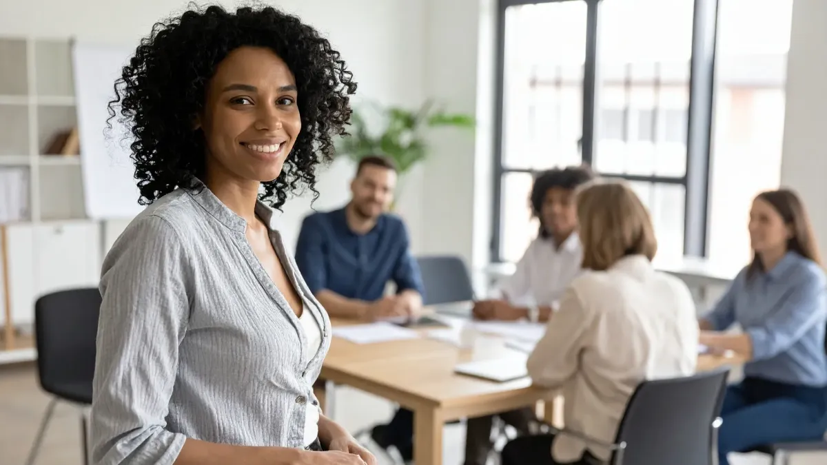A confident professional woman smiling while standing in front of a team meeting, reflecting executive self-regulation mantras for emotional balance, calm leadership presence, and the ability to stay grounded and composed in collaborative work settings.