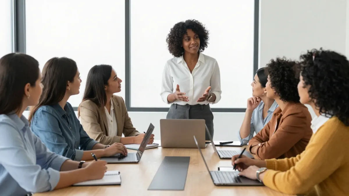 A diverse leader facilitates a collaborative team discussion, encouraging open communication and equal participation, illustrating Inclusive Leadership Mantras for Creating Belonging at Work.
