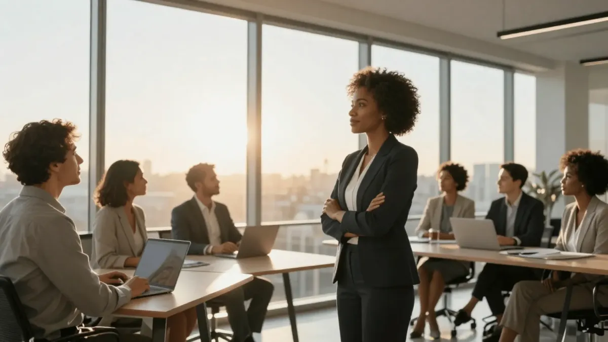 Alt text: A confident leader stands before a diverse team in a modern office, inspiring collaboration and strategic thinking, representing Visionary Leadership Mantras for Lasting Organizational Impact.