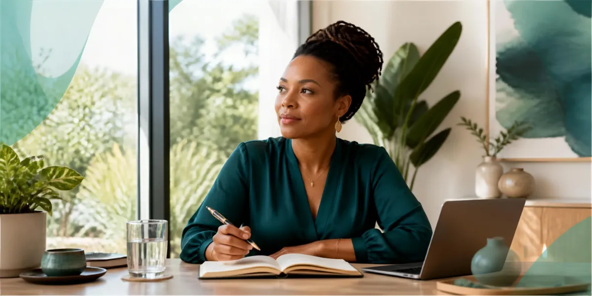 A leader sits at a desk in a bright, plant-filled workspace, writing in an open journal beside a laptop and glass of water, representing mindful reflection, self-awareness, and intentional leadership.