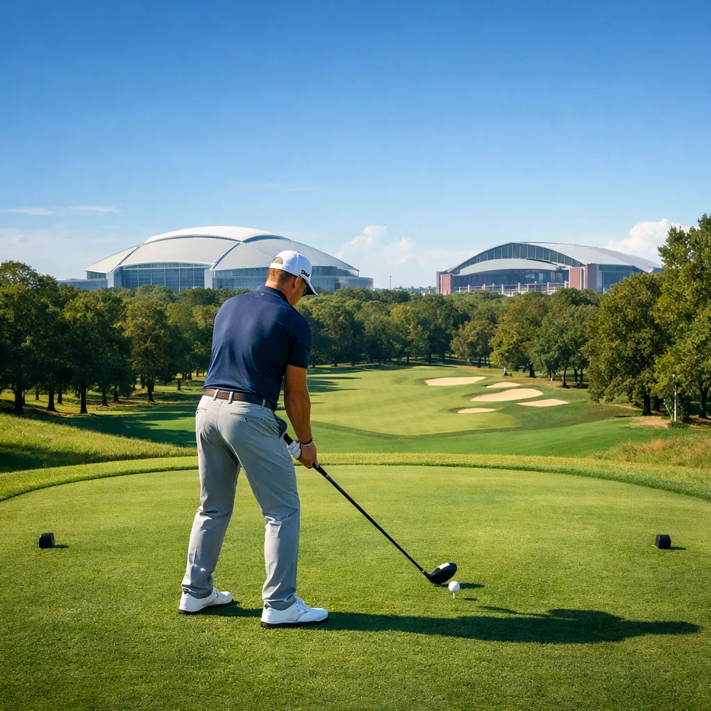 Ultra-high-resolution, square-format (1:1) cinematic image of a golfer preparing to tee off on a well-maintained Arlington, Texas golf course. In the far background, a recognizable stadium-style silhouette inspired by AT&T Stadium or Globe Life Field rises subtly beyond the treeline. Bright Texas sunshine, bold blue sky, vibrant greens. Strong athletic energy balanced with relaxed golf atmosphere.
