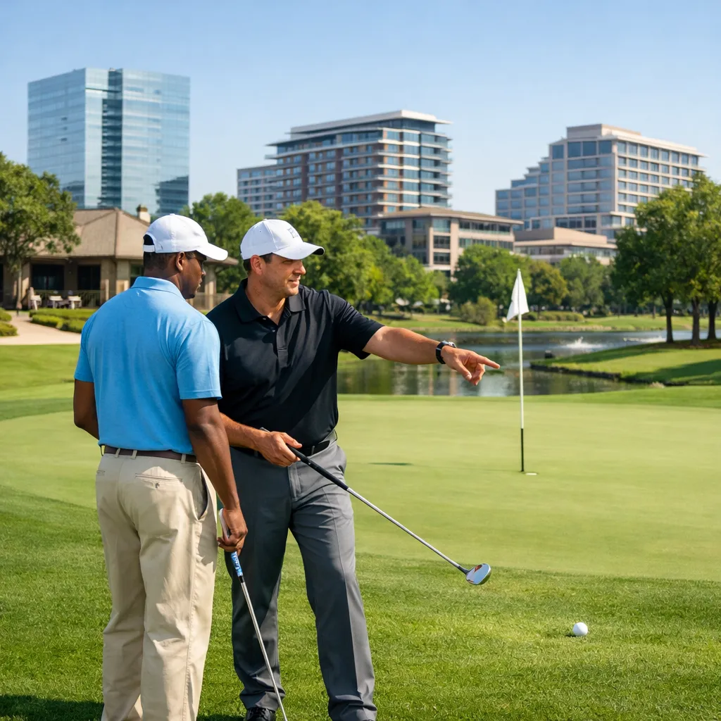 Ultra-high-resolution, square-format (1:1) hero image capturing a private golf lesson on a scenic Plano, Texas golf course. A coach stands beside a student reviewing a recent shot near a manicured green. In the softly blurred background, modern architectural elements inspired by Legacy West and Granite Park subtly visible beyond trees and clubhouse structures. Crisp daylight, vibrant green grass, clear Texas sky.
