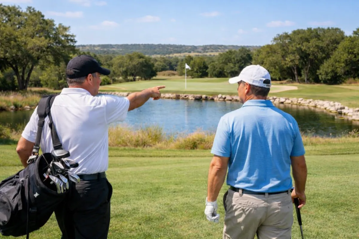 Golf instructor coaching a golfer on a real course in DFW North Dallas Texas