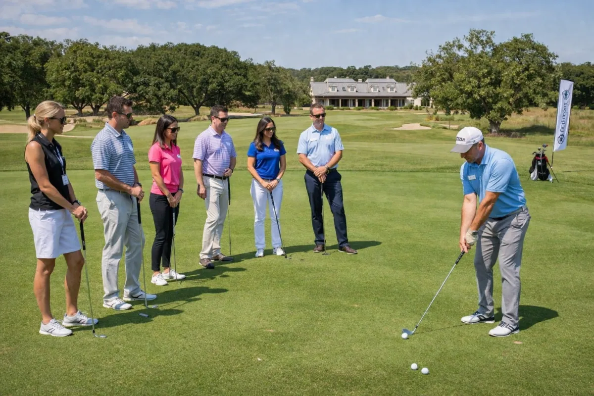 Corporate golf clinic group event with instructor on a DFW golf course in North Texas