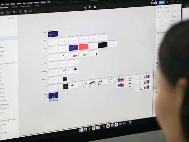Person working on a computer screen displaying branding design elements, including color palettes and typography, related to JCC Marketing Group's design services.