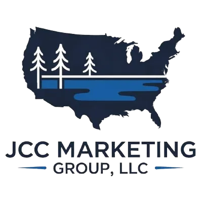 Logo of JCC Marketing Group, featuring a stylized map of the USA with pine trees and water elements, emphasizing local expertise in Northern Michigan digital marketing solutions.