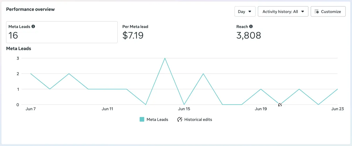 Performance overview graph showing meta leads, cost per lead, and reach metrics for digital advertising campaigns.