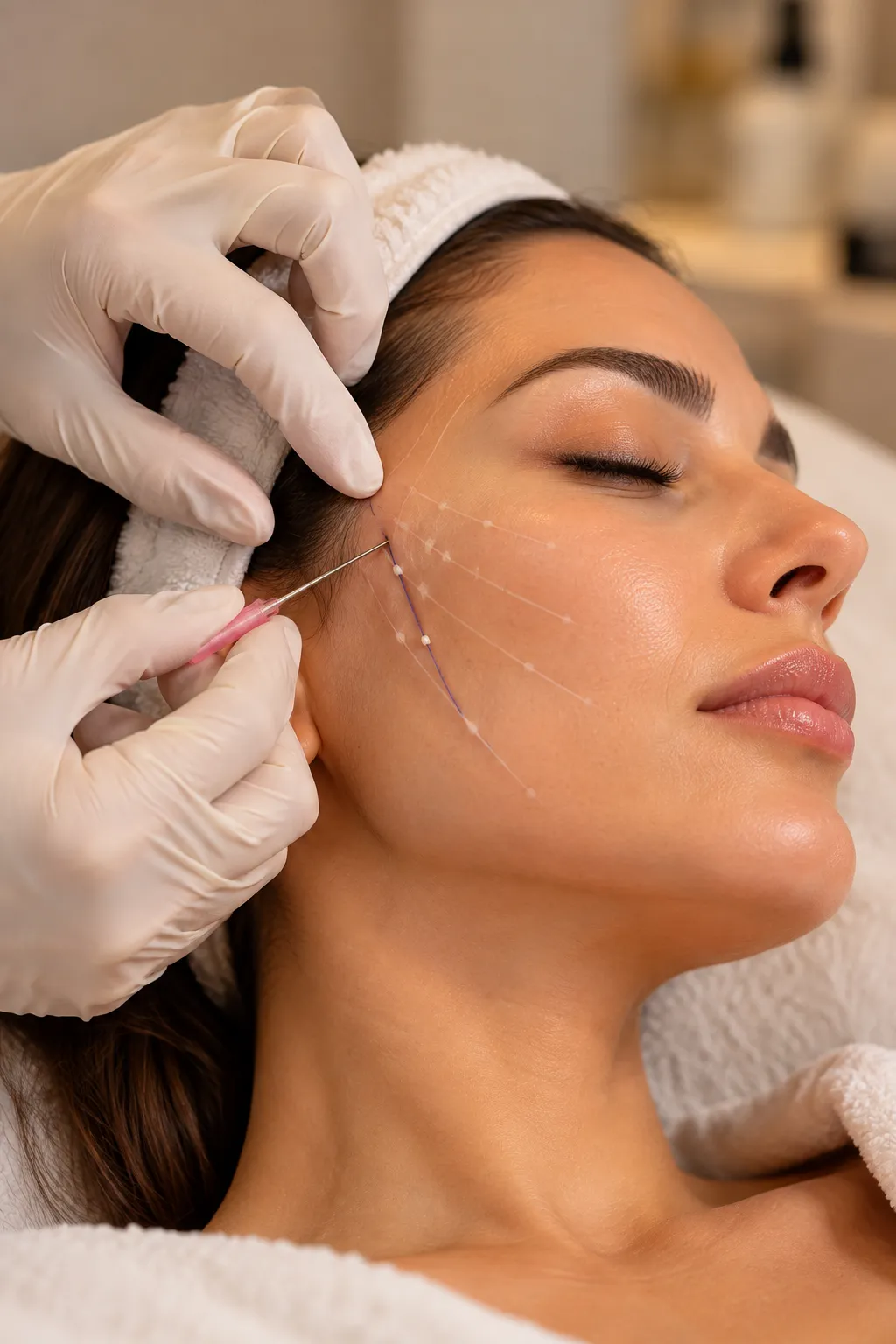Aesthetic medical practitioner delivering precise, subtle facial injectables in a luxury clinical setting