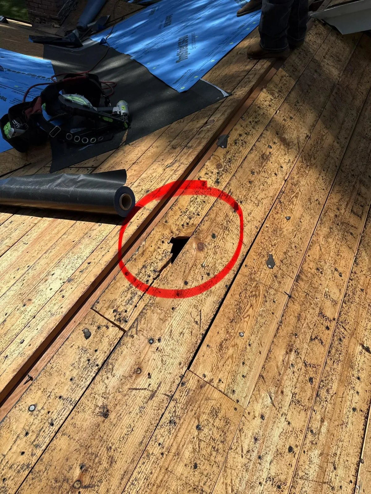 A damaged roof perhaps due to hail or something large enough to cause an impact on this home.