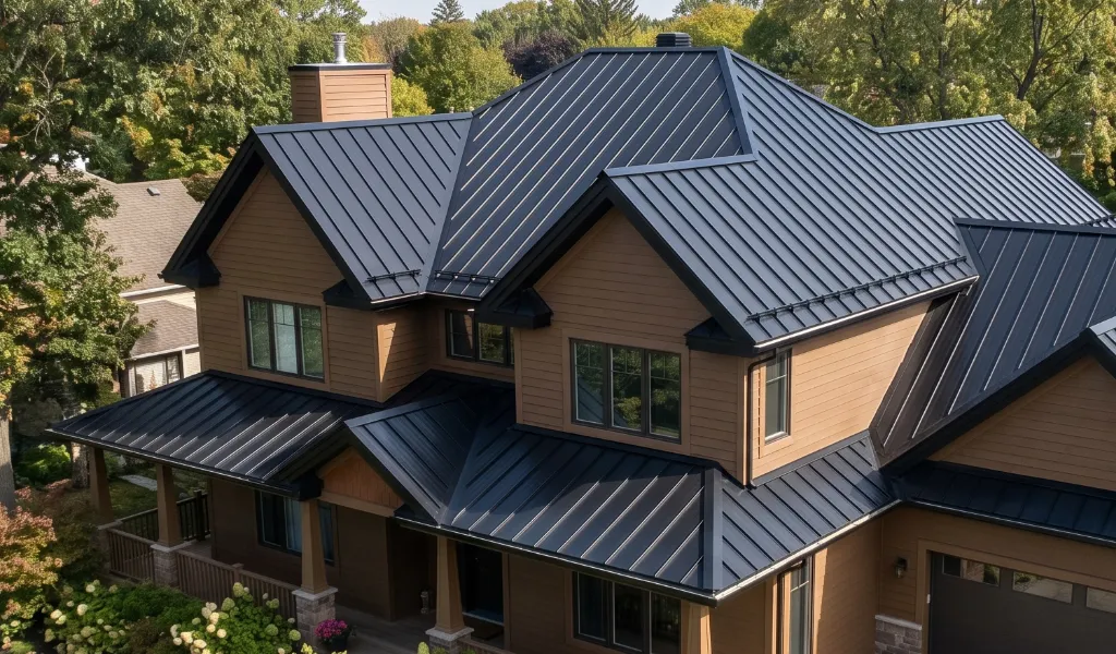 A home with a new black metal roofing equiped.