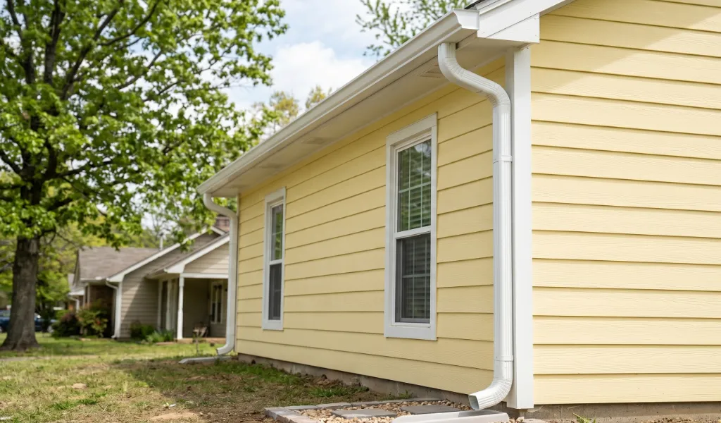 A family residual house with yellow siding showcasing the newly installed gutter pipe system to drain out the rainwater.
