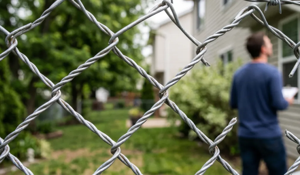 A fence with a hole to showcase the man inspecting the home behind the gate.