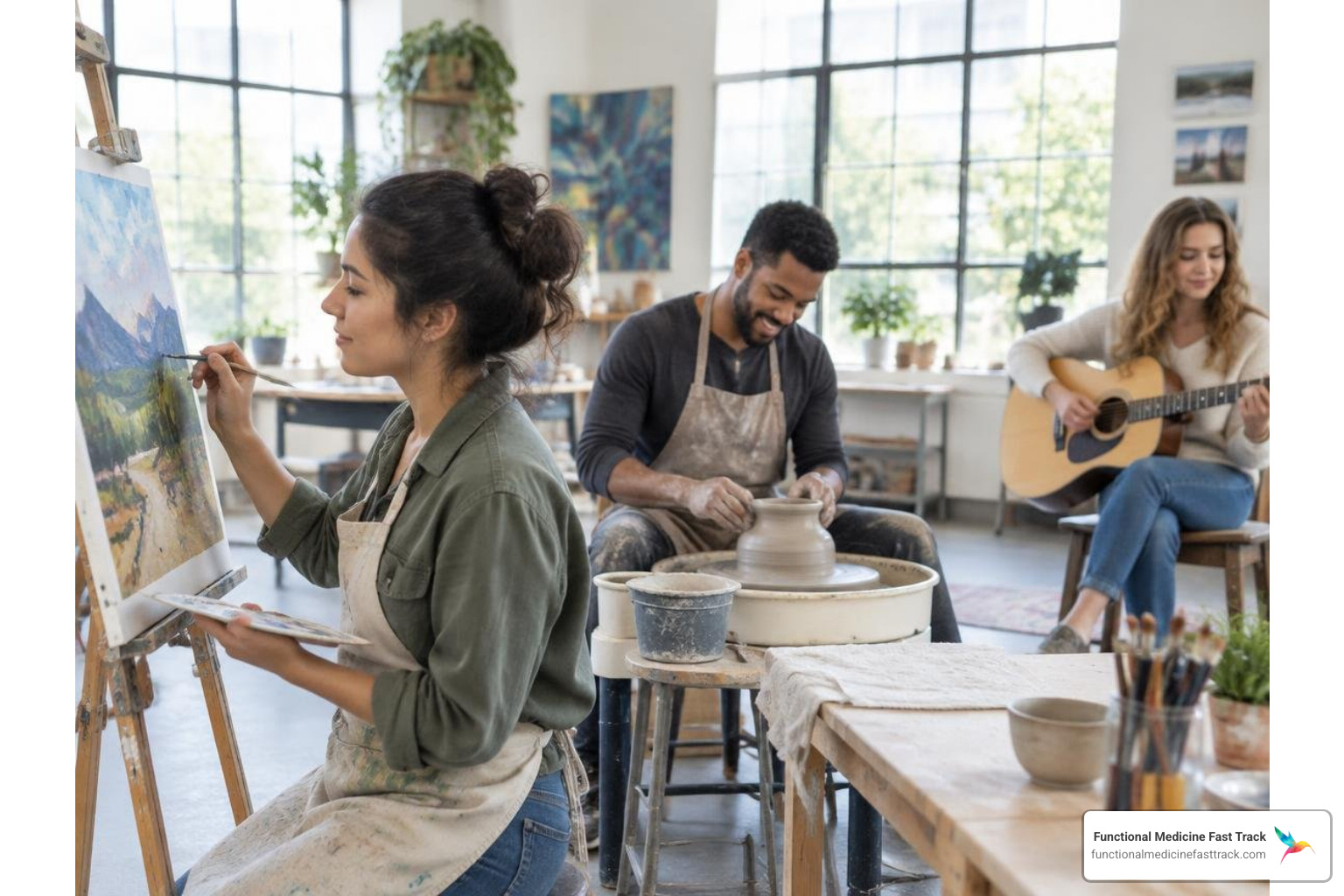 diverse expressive art therapy modalities including painting, clay modeling, and music